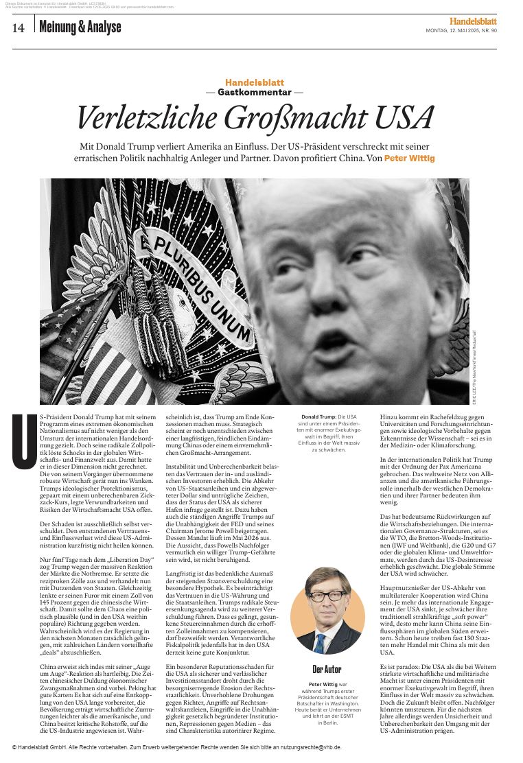 Handelsblatt Gastkommentar von Dr. Peter Wittig mit dem Titel "Verletzliche Großmacht USA"